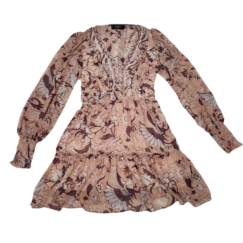 o.p.t One Pretty Time Floral Bird Chiffon Mini Dress XS Anthropologie Boho Brown